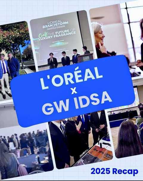 L'Oréal × GW IDSA 2025 Recap — collage of L'Oréal Brandstorm campus kickoff event at George Washington University, including panel speakers, product display, and student attendance