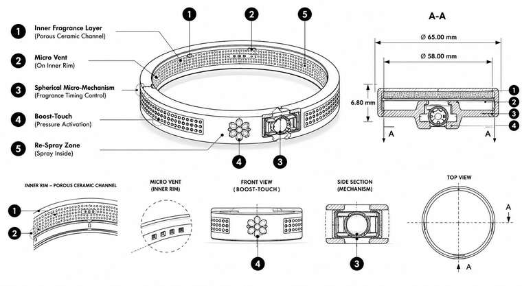 Auréole — engineering blueprint of the wearable fragrance bracelet, showing inner fragrance layer (porous ceramic channel), micro vent on inner rim, spherical micro-mechanism for fragrance timing control, boost-touch pressure activation, and re-spray zone, with section A-A dimensions (Ø 65.00 mm × 6.80 mm) and five detail views