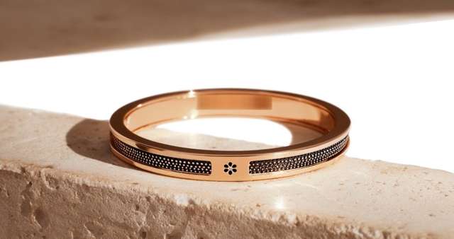 Auréole — 18K rose gold bangle product shot with diamond pavé inlay and floral jewel stud, on stone surface in natural light