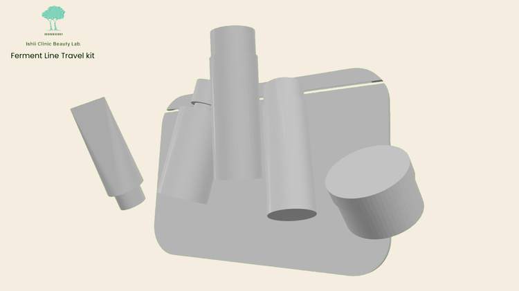 Dr. Ishii — Ferment Line Travel Kit, 3D product render showing the case with cylindrical product containers, tube, and lid
