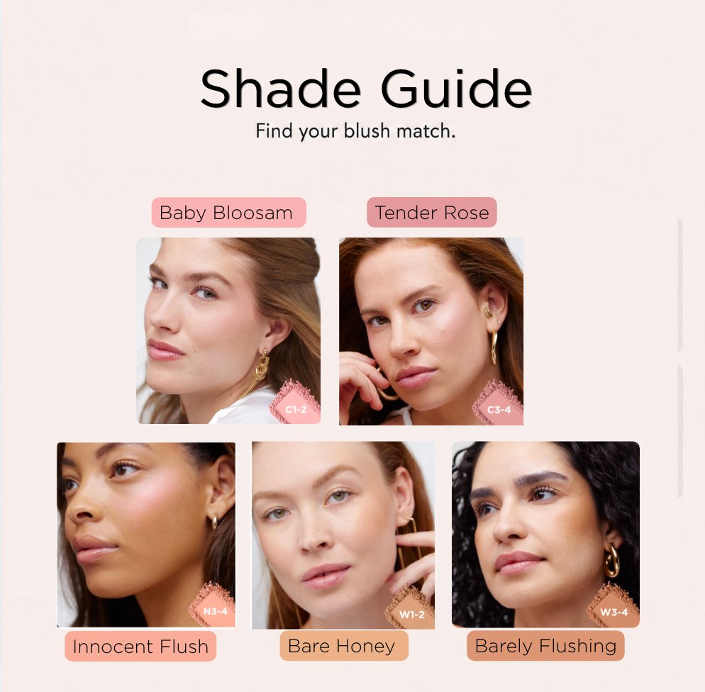 Blush shade guide — Baby Blossom, Tender Rose, Innocent Flush, Bare Honey, Barely Blushing on model