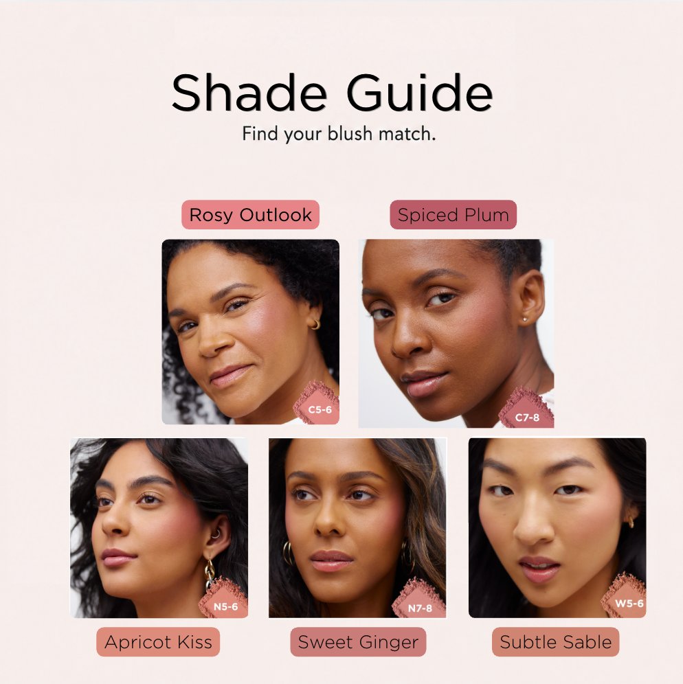 Blush shade guide — Rosy Outlook, Spiced Plum, Apricot Kiss, Sweet Ginger, Subtle Sable on model