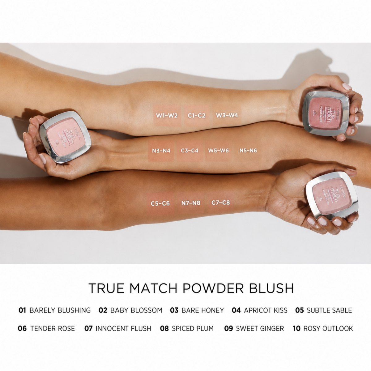 True Match Powder Blush — arm swatches across three skin tones with the full shade index